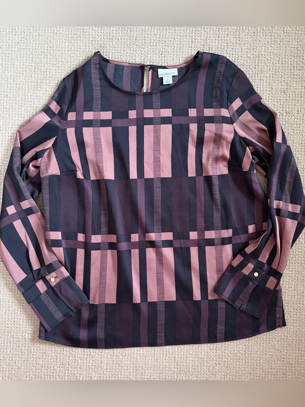Liz Claiborne Pink and Black Plaid Long-Sleeve Blouse